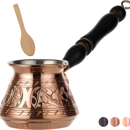 DEMMEX Thickest Copper Turkish Greek Arabic Coffee Pot, Stovetop Coffee Maker, Cezve Ibrik Briki with Wooden Handle &amp; Spoon, Hand Engraved (Copper, 9 fl Oz-3 ppl)