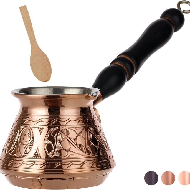 DEMMEX Thickest Copper Turkish Greek Arabic Coffee Pot, Stovetop Coffee Maker, Cezve Ibrik Briki with Wooden Handle &amp; Spoon, Hand Engraved (Copper, 9 fl Oz-3 ppl)