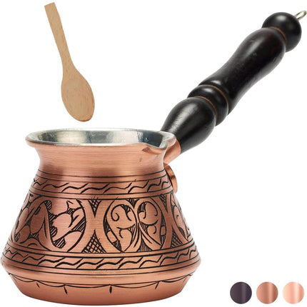 DEMMEX Thickest Engraved Solid Copper Turkish Coffee Pot – Stovetop Greek, Arabic Coffee Maker, Cezve, Ibrik, Briki – Wooden Handle &amp; Spoon - Handmade in Turkey (Matte Copper, 9 fl Oz (3ppl))