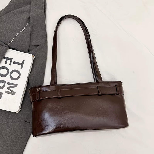 Base'ic Women's Vegan Leather Shoulder Bag with Belted Detail &amp; Key Charm – Medium Tote Handbag for Everyday, Work &amp; Travel (Dark Brown)