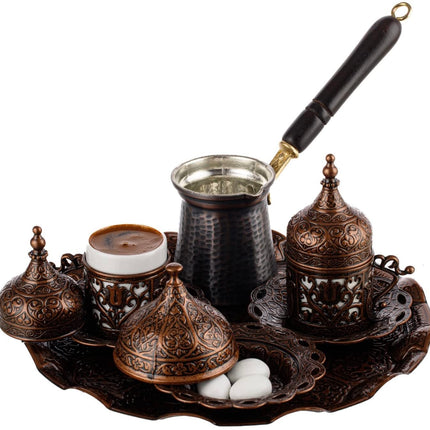DEMMEX Turkish Greek Arabic Coffee Making and Serving Full Set with Cups, Saucers, Lids, Sugar Bowl, Tray and Antiqued Copper Coffee Pot, 12 Pcs (Chocolate)