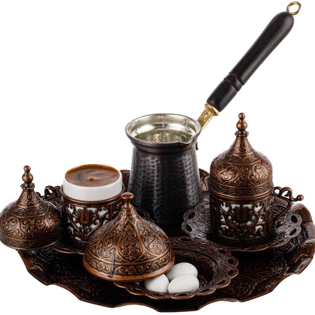 DEMMEX Turkish Greek Arabic Coffee Making and Serving Full Set with Cups, Saucers, Lids, Sugar Bowl, Tray and Antiqued Copper Coffee Pot, 12 Pcs (Chocolate)