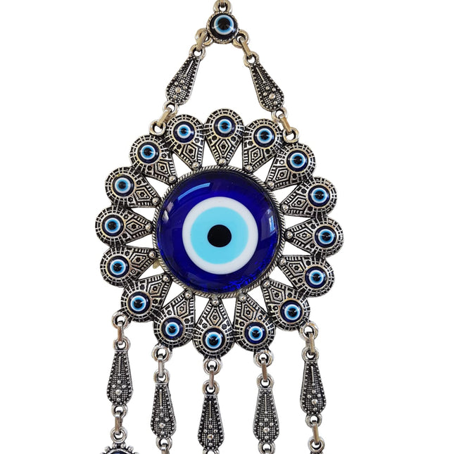 Erbulus Turkish Glass Blue Evil Eye Wall Hanging Ornament with Flower Design - Metal Home Decor - Turkish Nazar Bead Amulet - Protection and Good Luck Charm Gift in a Box