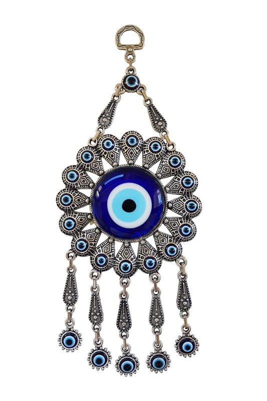 Erbulus Turkish Glass Blue Evil Eye Wall Hanging Ornament with Flower Design - Metal Home Decor - Turkish Nazar Bead Amulet - Protection and Good Luck Charm Gift in a Box