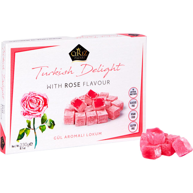 Cerez Pazari Turkish Delight with Rose Flavor 230gr Gourmet Small Size Snacks Gift Box | No Nuts Sweet Traditional Vegan Soft Candy Dessert Approx 40 Pcs