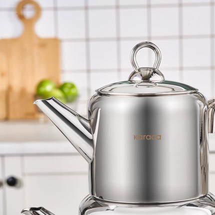 Karaca New Mani Turkish Tea Set for Stovetop, Induction Base Stainless Steel Tea Maker (1L Teapot &amp; 2L Tea Kettle), Dishwasher Safe, Non-Burning Handles Samovar Style