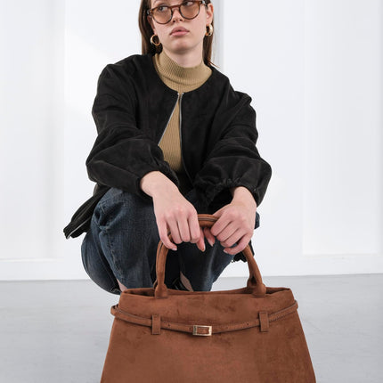 Base'ic Brown Suede Tote Bag - Vegan Brown Suede Purses for Women with Gold Hardware, Adjustable Belt, Magnetic Closure - Elegant Shoulder Bag Hobo Bag - Stylish Brown Purse - Work Bag, City Bag