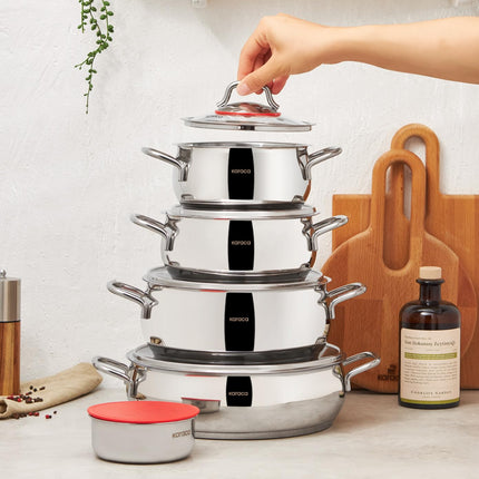 KARACA Stainless Steel Cookware Emirgan XL Set of 10 Piece, Pot, Deep Pot, Casserole, Container with Lid, Easy to Use Stylish Handles, Heat Resistant Cover, Essential Kitchen Accessory