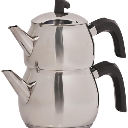 Karaca Belinay Teapot Set Silver Black, 18/10 Stainless Steel, Teapot/Lid (1 lt, 2.20 lb), Tea Kettle (1.6 lt, 3.5 lb), Suitable for Induction