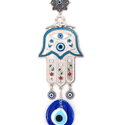Erbulus Turkish Blue Hamsa Hand of Mother Fatima Evil Eye Wall Hanging Ornament - Turkish Nazar Bead Amulet – Good Luck Charm Gift -Metal Home Protection Decor in a Box (Blue)