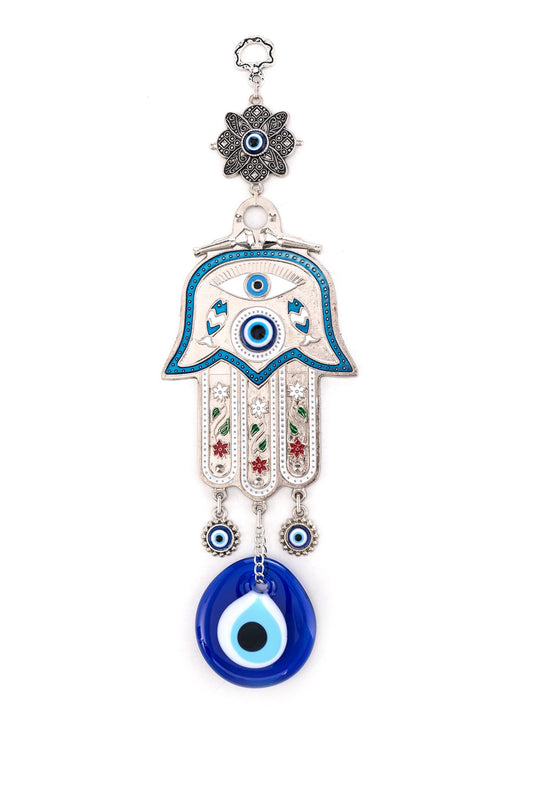 Erbulus Turkish Blue Hamsa Hand of Mother Fatima Evil Eye Wall Hanging Ornament - Turkish Nazar Bead Amulet – Good Luck Charm Gift -Metal Home Protection Decor in a Box (Blue)