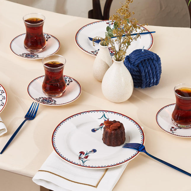 Karaca Nakkas Turkish Teacups &amp; Appetizer Plate Set for 6 People - Colorful Dessert Plates (7.4"), Small Turkish Tea Glasses with Saucers - 18 Piece Glass Tea Cups &amp; Porcelain Dish Set