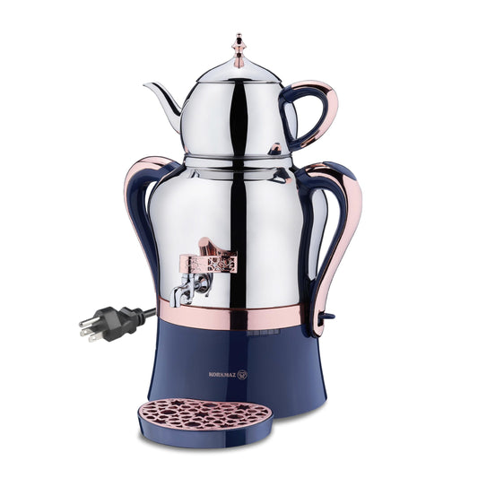 Korkmaz Hanedan A843-04 Stainless Steel Samovar, Upper Pot 1.3 L (43.9 Oz), Bottom Pot 3.5 L(118.3 Oz) Electric Turkish Tea Maker Set, Double Pots Tea Machine, Inox, Rosegold, 110 V US Plug, 5.1-Quart