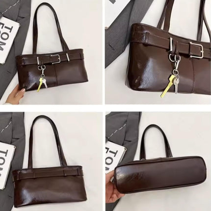 Base'ic Women's Vegan Leather Shoulder Bag with Belted Detail &amp; Key Charm – Medium Tote Handbag for Everyday, Work &amp; Travel (Dark Brown)