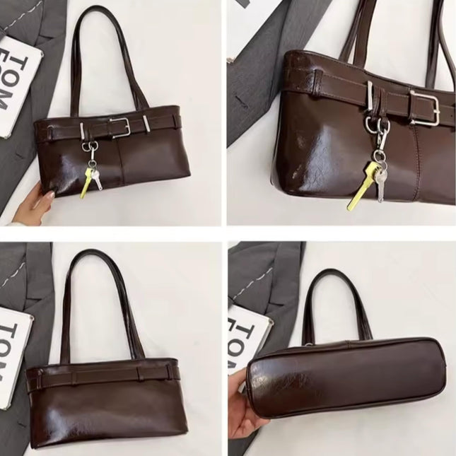 Base'ic Women's Vegan Leather Shoulder Bag with Belted Detail &amp; Key Charm – Medium Tote Handbag for Everyday, Work &amp; Travel (Dark Brown)