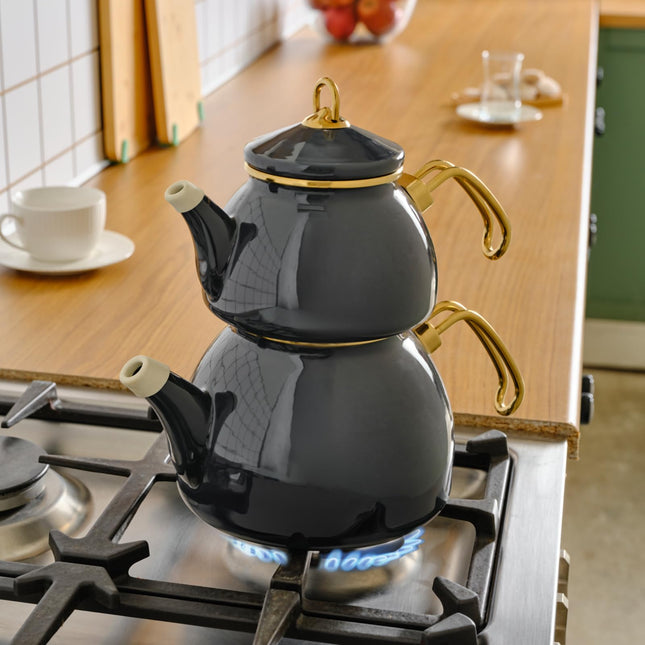 Karaca Retro Teapot Set Anthracite, Enamel, Teapot/Lid (1.1 lt, 2.4 lb), Tea Kettle (2.3 lt, 5 lb), Titanium Coated Handles, Suitable for Induction