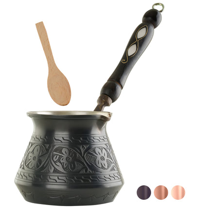 BCS 12 Oz Copper Turkish Greek Arabic Coffee Pot with Wooden Handle (4 servings) Cezve Ibrik Briki Stovetop Coffee Maker (Includes Wooden Spoon)