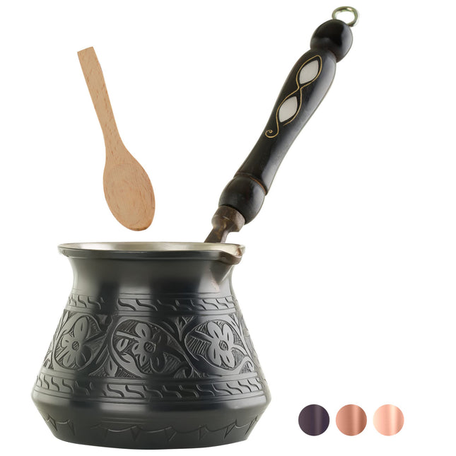 BCS 12 Oz Copper Turkish Greek Arabic Coffee Pot with Wooden Handle (4 servings) Cezve Ibrik Briki Stovetop Coffee Maker (Includes Wooden Spoon)