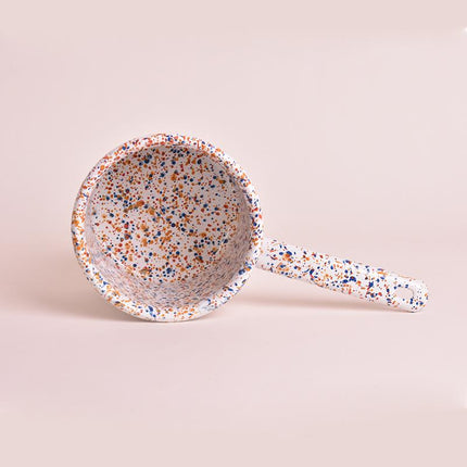 Enameled Metal Handle Milk Jug Sprinkled Pattern White