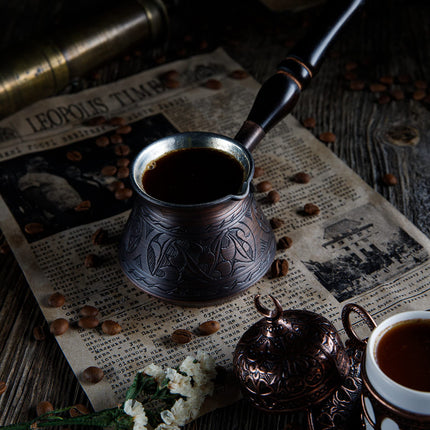 DEMMEX Thickest Engraved Solid Copper Turkish Coffee Pot – Stovetop Greek, Arabic Coffee Maker, Cezve, Ibrik, Briki – Wooden Handle &amp; Spoon - Handmade in Turkey (Antique Copper, 9 fl Oz (3ppl))