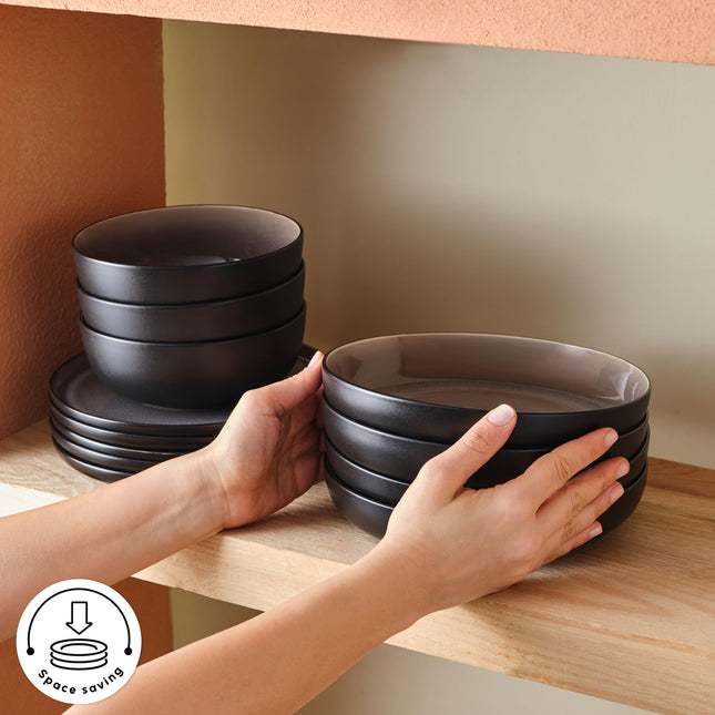 Karaca Mercure Stoneware Plates and Bowls Set, Reactive Glaze Black Dinner Set, Complete Kitchen Tableware Collection, Ideal Dinnerware for 12 People Dining Experience, Dishwasher Safe, 59 Piece
