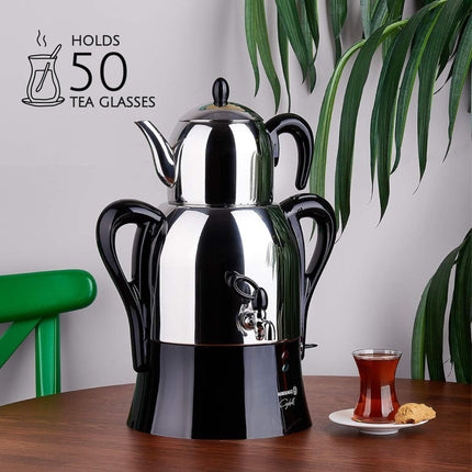 Korkmaz Caykolik A341-14 Stainless Steel Samovar, Upper Pot 1.1 L (37.1 Oz), Bottom Pot 3 L (101.4 Oz) Electric Turkish Tea Maker Set, Double Pots, Inox, Chrome, Black 110 V US Plug, 4.3- Quart