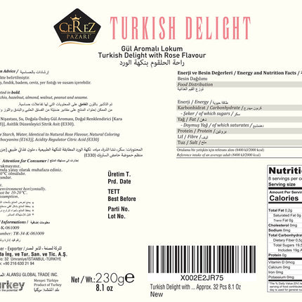 Cerez Pazari Turkish Delight with Rose Flavor 230gr Gourmet Small Size Snacks Gift Box | No Nuts Sweet Traditional Vegan Soft Candy Dessert Approx 40 Pcs