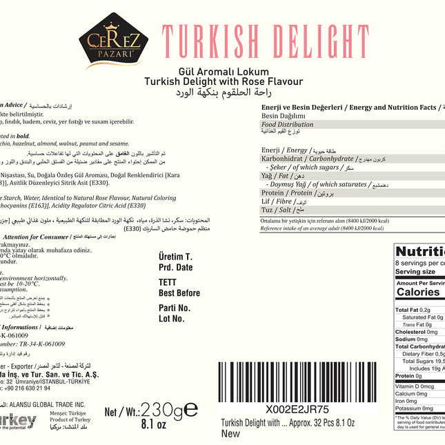 Cerez Pazari Turkish Delight with Rose Flavor 230gr Gourmet Small Size Snacks Gift Box | No Nuts Sweet Traditional Vegan Soft Candy Dessert Approx 40 Pcs