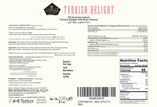 Cerez Pazari Turkish Delight with Rose Flavour 230gr Gourmet Small Size Snacks Gift Box | No Nuts Sweet Traditional Vegan Soft Candy Dessert Approx 40 Pcs