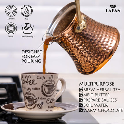 Hakan Turkish Coffee Pot | Stove Top Water Boiler, Coffee Maker, Butter, Chocolate &amp; Milk Warmer | Even and Quick Heat with Handcrafted Copper Material | Coffee Gifts Idea, 16 Oz (475 cc)