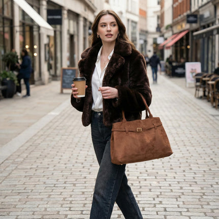 Base'ic Brown Suede Tote Bag - Vegan Brown Suede Purses for Women with Gold Hardware, Adjustable Belt, Magnetic Closure - Elegant Shoulder Bag Hobo Bag - Stylish Brown Purse - Work Bag, City Bag