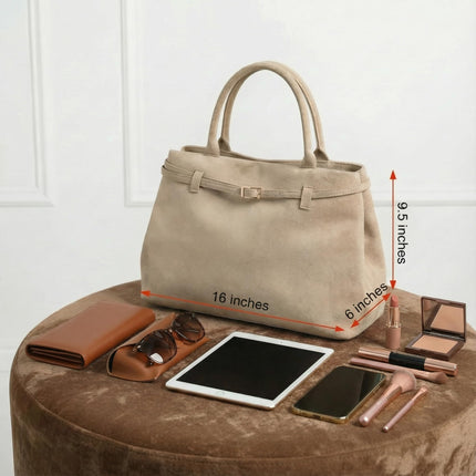 Base'ic Beige Suede Tote Bag - Vegan Beige Suede Purses for Women with Gold Hardware, Adjustable Belt, Magnetic Closure - Elegant Shoulder Bag Hobo Bag - Stylish Suede Purse - Work Bag, City Bag