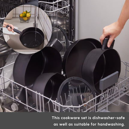 Karaca Swiss Crystal Ceramic Midnight Cookware Set - Non Stick Pots and Pans Set with Lid - PFAS-Free, Dishwasher Safe, Induction Hob Compatible Cookware, Black, 6 Piece