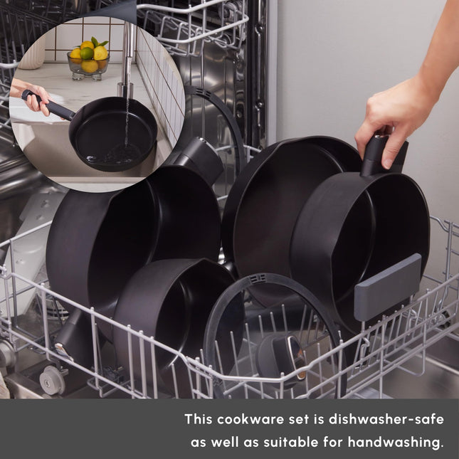 Karaca Swiss Crystal Ceramic Midnight Cookware Set - Non Stick Pots and Pans Set with Lid - PFAS-Free, Dishwasher Safe, Induction Hob Compatible Cookware, Black, 6 Piece