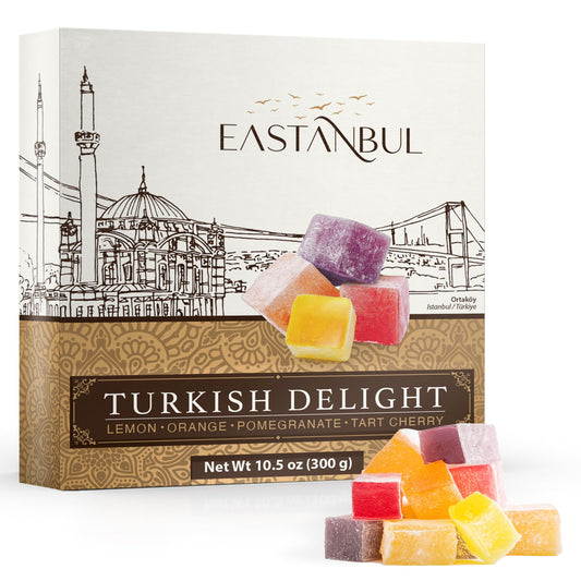 Eastanbul Turkish Delight Candy 10.5oz, 4 Flavors Pomegranate, Orange, Tart Cherry, & Lemon Turkish Delights Assorted, Foreign Candy of Turkish Lokum, Turkish Delight Plain, International Candy Box, Mother's Day Gift