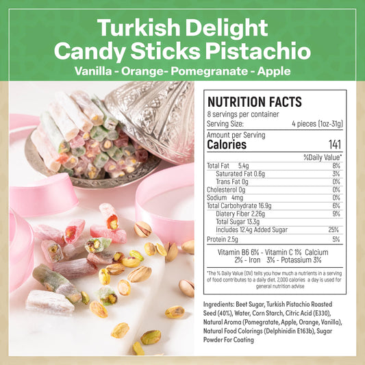 Eastanbul Turkish Delight, 8.8oz, Turkish Delights Candy Sticks Pistachio Filled w/ 4 Flavors: Apple, Orange, Pomegranate, Vanilla, International Candy, Wick Lokum, Vegan Gift