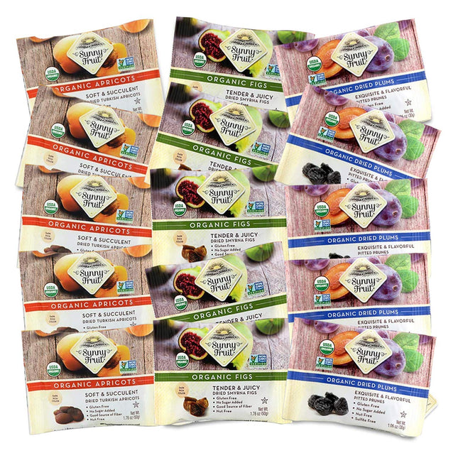 Sunny Fruit Organic Dried Fruit Assortment - Prunes, Figs &amp; Apricots Variety, 3 Bags (15 Individual Portion Packs) | ORGANIC, NON-GMO, VEGAN, HALAL, KOSHER, NO PRESERVATIVES, NO SUGAR ADDED