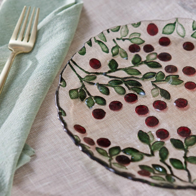 KARACA Berry 11" Cake Stand and Dessert Plates Set for 6 People - Glass, Round &amp; Berry Pattern - Large Side Plates for Tea Party - Ideal for Serving Cupcakes, Donuts, and More (7 Pieces)