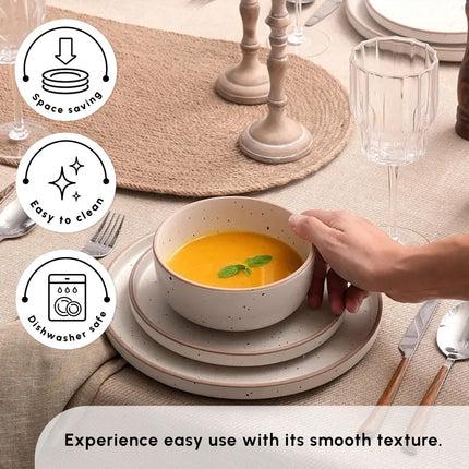 Karaca Chicago Dot Stoneware Dinnerware Set for 6 People - 18-Piece Modern &amp; Unique Dishware Sets - Plate Sets with Dinner Plate, Side Plate, Bowl - Dishwasher &amp; Microwave Safe - Beige