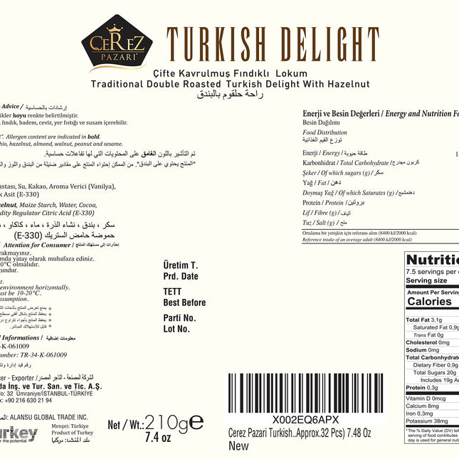 Cerez Pazari Turkish Delight Hazelnut Candy Gourmet Premium Vegan Sweets Small Gift Box 7.4oz | Luxury Traditional Soft Confectionery Turkish Delight (Loukoumi) | Small Size Snacks Apprx.35 Pcs