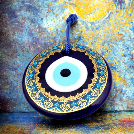 Erbulus 4.3" Glass Blue Evil Eye Wall Hanging Gold Patterned Ornament - Evil Eye Decor - Turkish Handmade Nazar Amulet - Home Protection Charm - Evil Eye Wall Decor
