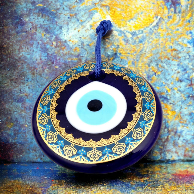 Erbulus 4.3" Glass Blue Evil Eye Wall Hanging Gold Patterned Ornament - Evil Eye Decor - Turkish Handmade Nazar Amulet - Home Protection Charm - Evil Eye Wall Decor