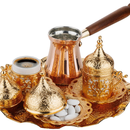 DEMMEX Turkish Greek Arabic Coffee Making and Serving Full Set with Cups Saucers Lids Sugar Bowl Tray and Copper Coffee Pot, 12 Pcs (Gold)