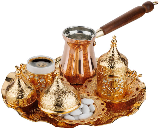 DEMMEX Turkish Greek Arabic Coffee Making and Serving Full Set with Cups Saucers Lids Sugar Bowl Tray and Copper Coffee Pot, 12 Pcs (Gold)
