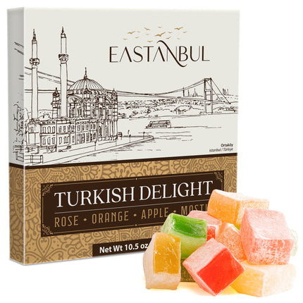 Eastanbul Turkish Delight, 10.5oz, Turkish Delights Candy Assorted, Rose, Orange, Apple, Mastic Flavor, International Candy, Turkish Delight, Plain, Gluten Free, No Synthetic Ingredient, Vegan