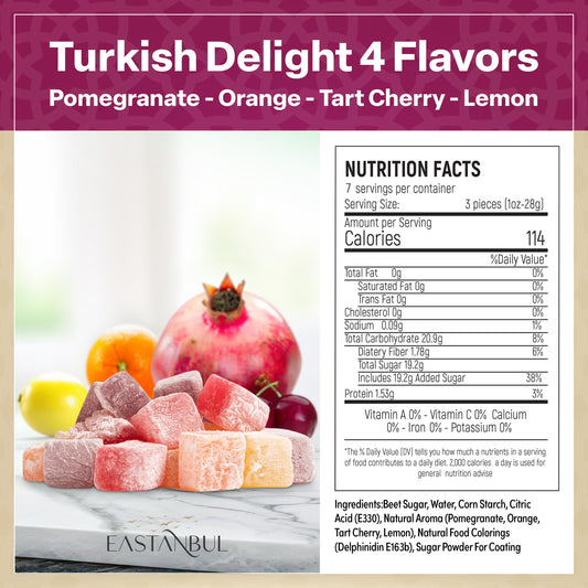 Eastanbul Turkish Delight Candy 10.5oz, 4 Flavors Pomegranate, Orange, Tart Cherry, & Lemon Turkish Delights Assorted, Foreign Candy of Turkish Lokum, Turkish Delight Plain, International Candy Box, Mother's Day Gift