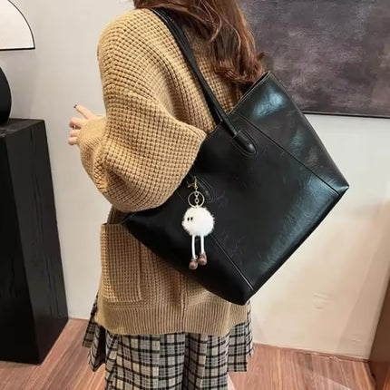 Base'ic Women's Large Vegan Leather Tote Bag – Shoulder Handbag with Inner Pocket &amp; Decorative Charm, Work &amp; Travel Purse (Black)