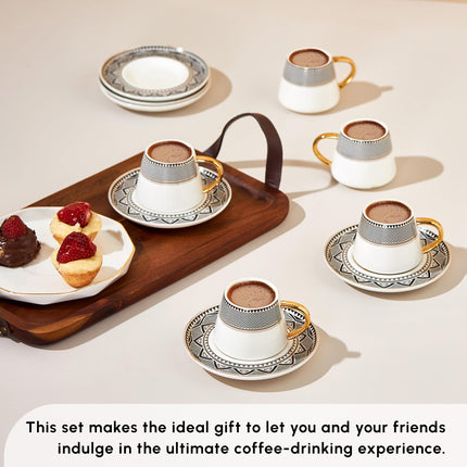 KARACA Globe Turkish Coffee Cup Set of 6, 80ml, 2.7 oz, Small Espresso Cups with Saucers, Porcelain, Black Patterns, and Gold Handles, Ideal for Serving Greek, Arabic Coffee