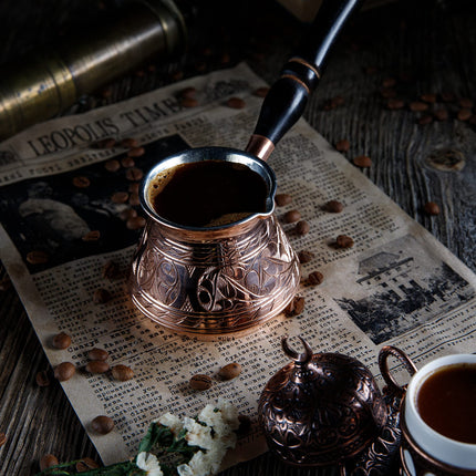DEMMEX Thickest Copper Turkish Greek Arabic Coffee Pot, Stovetop Coffee Maker, Cezve Ibrik Briki with Wooden Handle &amp; Spoon, Hand Engraved (Copper, 9 fl Oz-3 ppl)