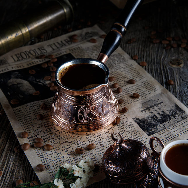 DEMMEX Thickest Copper Turkish Greek Arabic Coffee Pot, Stovetop Coffee Maker, Cezve Ibrik Briki with Wooden Handle &amp; Spoon, Hand Engraved (Copper, 9 fl Oz-3 ppl)